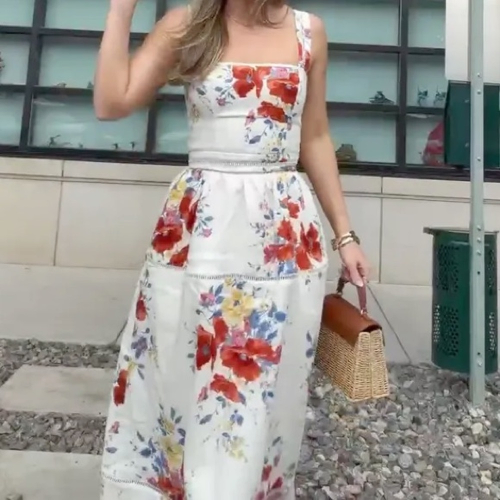 Reformation White Floral Midi Dress with Red & Yellow Blooms